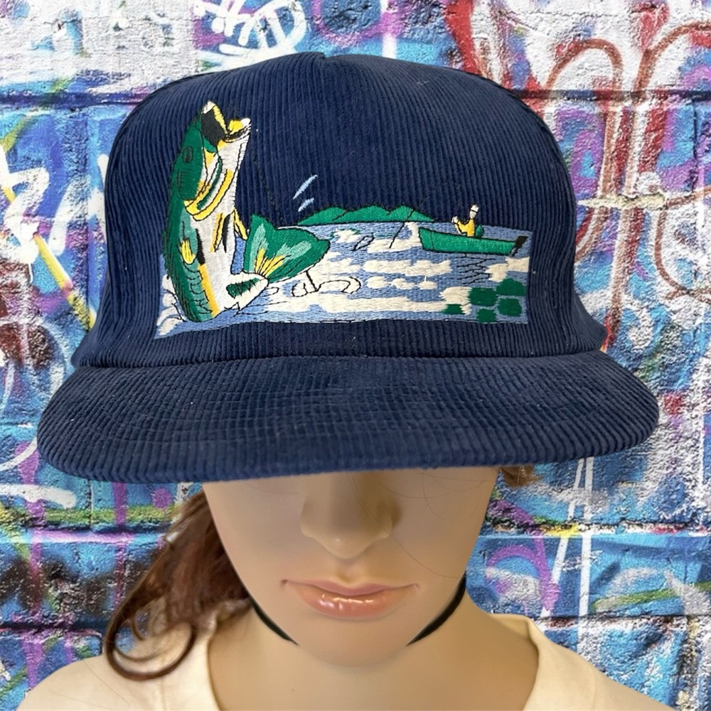Vintage Courduroy Embroidered Fishing Scene Bass 100% Cotton Trucker Sna…